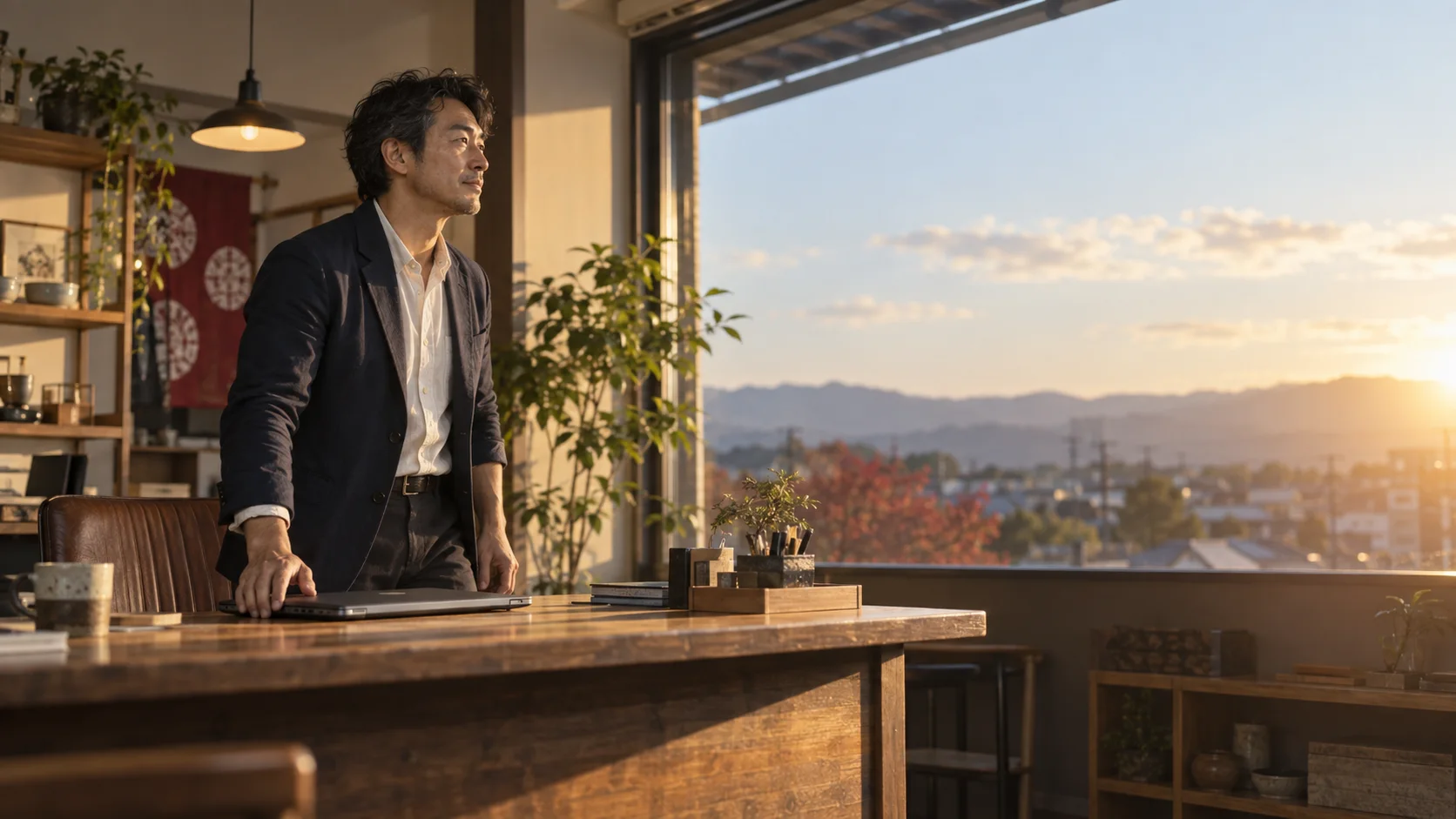 仕事を終え、窓の外を見ながらこれからを考える男性経営者