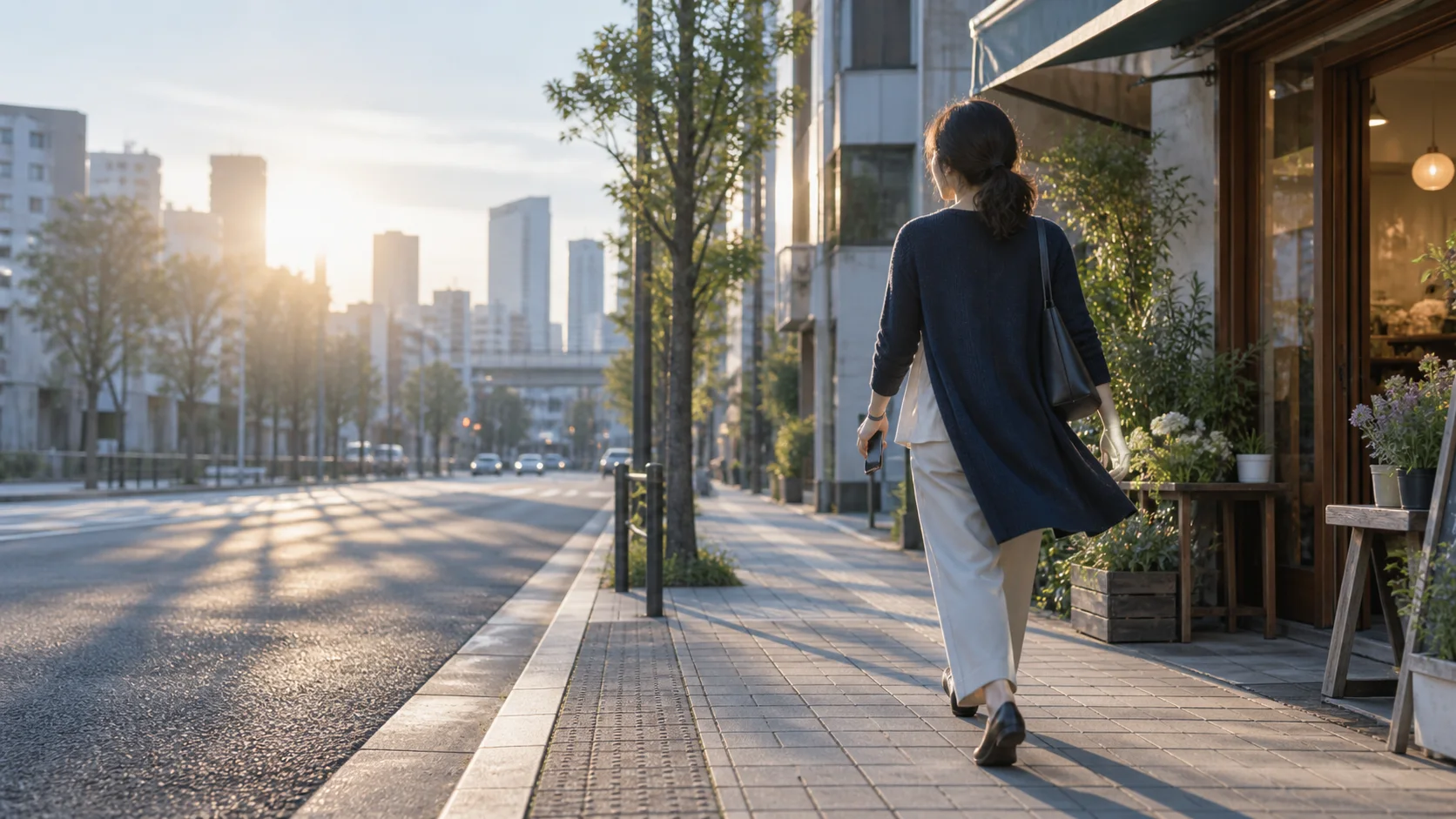 朝の店先から街へ歩き出す女性経営者の後ろ姿