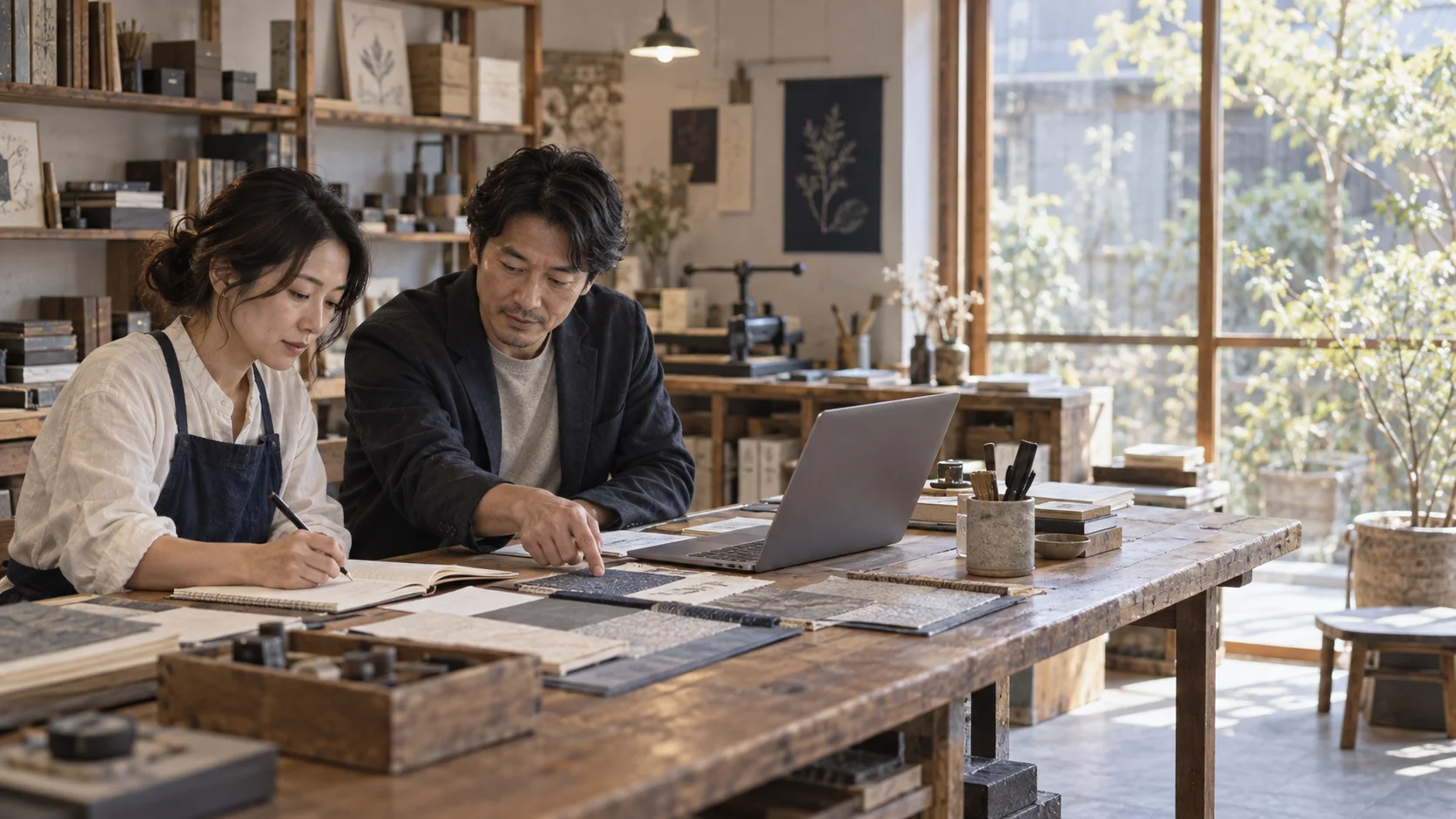 工房の同じ机の側に並び、同じ資料を見ながら働く経営者とコンサルタント