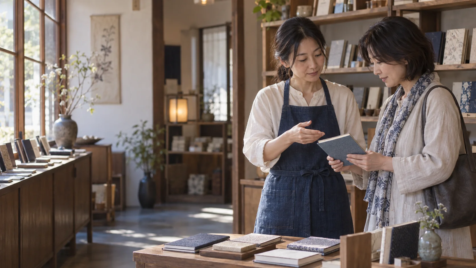 店内でお客様の話を聞きながら商品を案内する女性店主