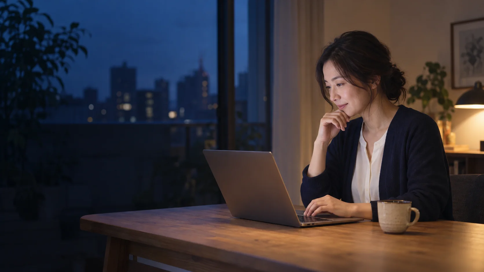 夜の仕事部屋でパソコンを使いAIと対話する女性