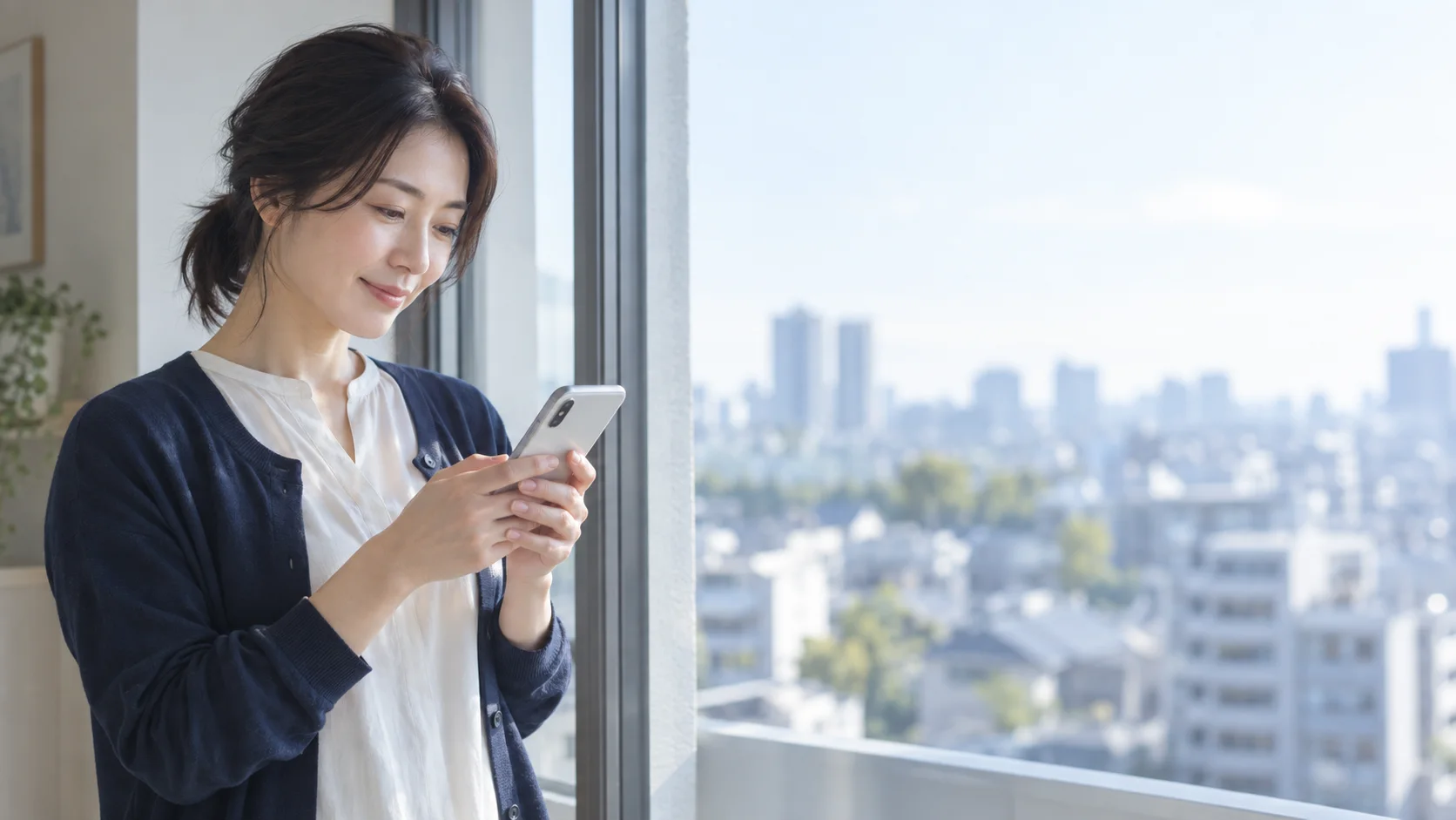 朝の窓辺でスマートフォンを使いAIと対話する女性