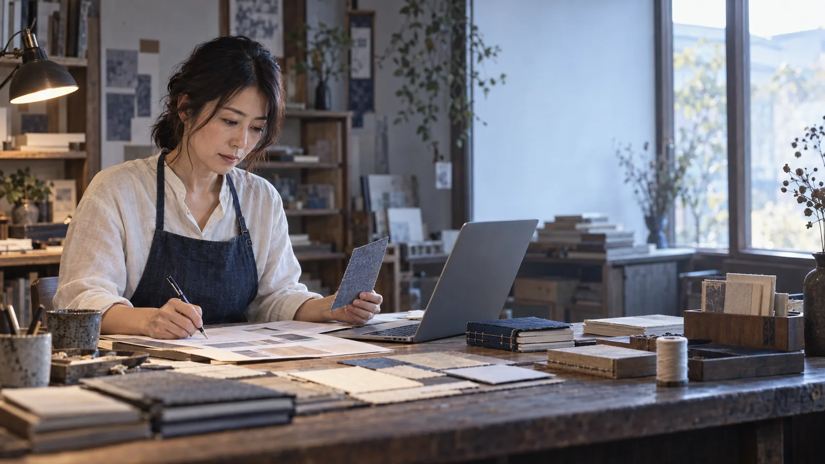 AIが作ったほぼ完成品を工房で丁寧に検品する女性
