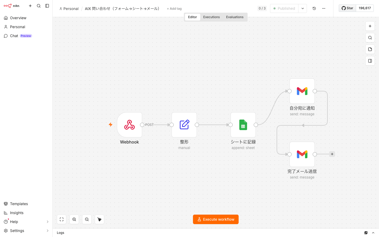 スクリーンショット - n8nエディタ画面